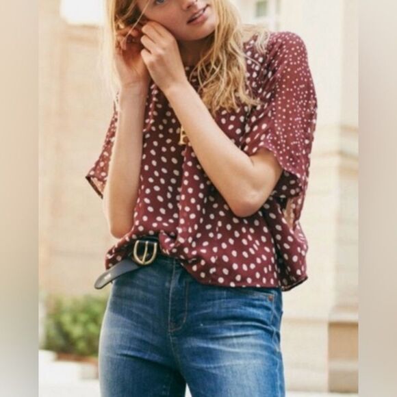 Madewell Maroon Silk Paint Dot Prose Blouse Top - Picture 1 of 10